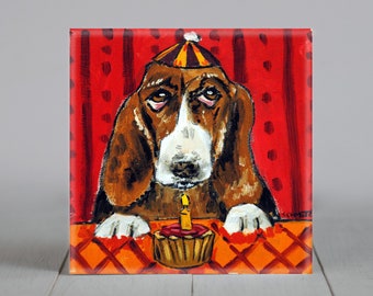 Basset Hound birthday art dog coaster tile - multiple sizes available - animal lover gift