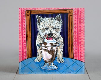 west highland white terrier - westie - artwork - tile - square coaster - ceramic dog lover gift - ice cream sundaes