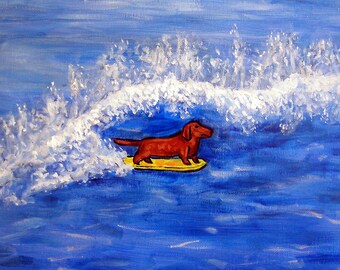 dachshund art coaster tile gift, surfing art by Jay Schmetz