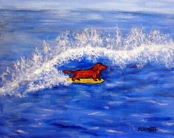 Dachshund art, dachshund print, surfer art, dachshund gift, dog surfing