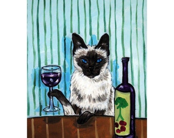 Siamese cat at the wine bar   art print cat art print cat gifts
