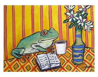 Frog art, coffee art, frog print, coffee print, coffee, cafe decor, 13x19 print, modern folk art