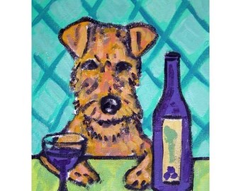 Irish terrier print wine dog art prints - stretched canvas or paper print - multiple sizes available
