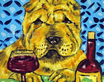 shar pei at the wine bar - dog art - tile coaster - home kitchen decor - animal lover gift