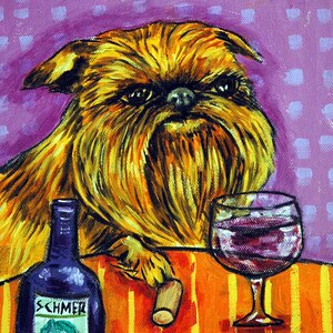 May include: A painting of a Brussels Griffon dog with a glass of red wine and a bottle of wine labeled "Schmer". The dog is sitting at a table with an orange and yellow striped tablecloth.