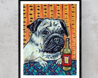pug at the bar beer art print - stretched canvas or paperp print - multiple size dog decor