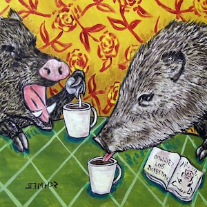 Javelina at the Coffee Shop Animal art tile coaster