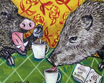 Javelina at the Coffee Shop Animal art tile coaster