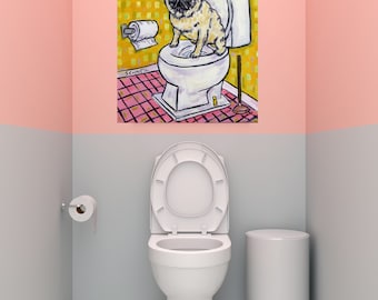 pug art - Pug in the Bathroom Dog Art Print - pug gifts