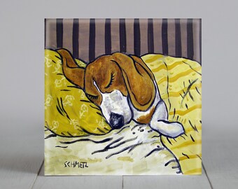Beagle sleeping dog art tile coaster gift decor artowkr - multple sizes