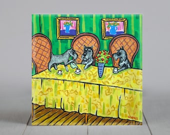 schnauzer tea party - dog art - tile coaster - animal lover gift - home decor