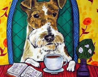 Fox Terrier, fox terrier art, ceramic coaster, modern dog art, coffee tile, coffee art , coffee print, dog art print on tile