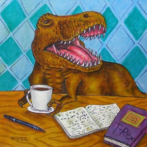 Tyranosaurus Rex at the coffee Shop Dinosaur Art coaster tile