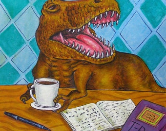 Tyranosaurus Rex at the coffee Shop Dinosaur Art coaster tile