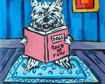 West Highland White Terrier Reading a Book Dog Art coaster tile Gift