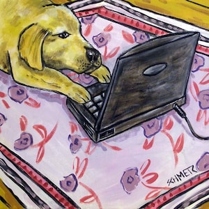 Golden Retriever Working on a Laptop Dog art tile coaster