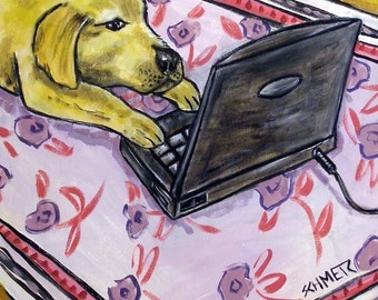 Golden Retriever Working on a Laptop Dog art tile coaster
