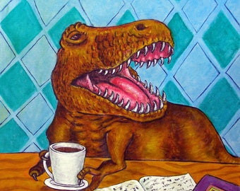 Tyranosaurus rex art at the coffee shop dinosaur art print - paper or canvas print - multiple sizes