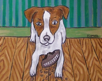 Jack Russell Terrier with Football Toy Dog Art coaster tile