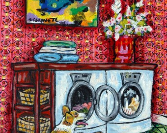 corgi doing laundry dog art print - stretched canvas or paper print - multiple sizes available