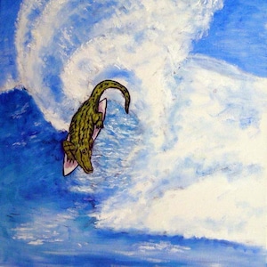 Alligator, alligator art, alligator print on tile, ceramic coaster, surfing art, surfing print on tile, modern folk art, gift for surfer