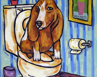 Basset Hound Going to the Bathroom Dog Art Print   JSCHMETZ modern abstract folk pop art gift