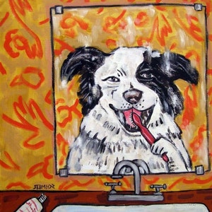 Border Collie Brushing Teeth - dog art - tile coaster - animal lover gift - dental