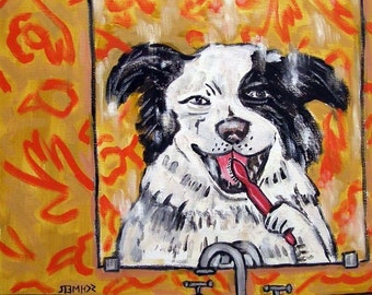 Border Collie Brushing Teeth - dog art - tile coaster - animal lover gift - dental