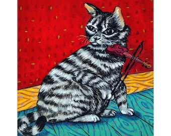 cat art - Gray American Shorthair Cat Playing the Violin Art Print, cat gifts, gift
