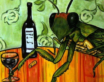 Praying Mantis at the Wine Bar Insect Art coaster tile