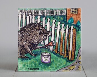 Pot Belly Pig Painting a Fence Animal Art coaster tile Gift -  multple Sizes available