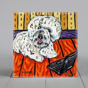 Bichon frise art tile coaster animal dog decor - working on a laptop