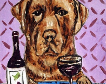 Chocolate labrador art - wine wall art - dog art print - stretched canvas print -