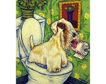 Sealyham Terrier in the Bathroom Dog Art Print - 13x19 - matte or glossy