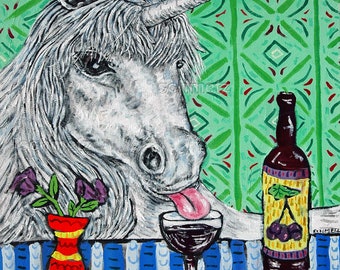 unicorn at the wine bar - fantasy animal art - tile coaster - gift