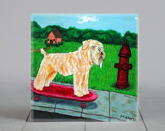soft coated wheaten terrier dog skateboarding coaster tile - birthday gift for him or her - dog lover gift