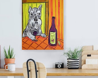 schnauzer at the wine bar dog art print - stretched canvas or paper print - multple sizes