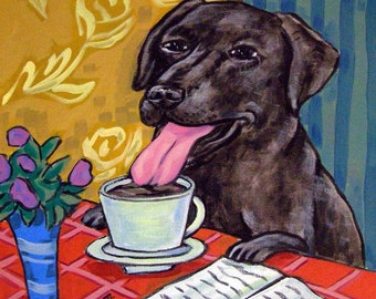 Black Labrador Retriever at the Cafe , dog art - tile coaster - coffee lover gift