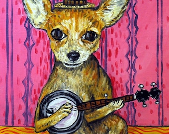 chihuahua art, dog banjo, canvas wall art, dog print, print chihuahua, banjo player, chihuahua gift, dog canvas print, chihuahua print