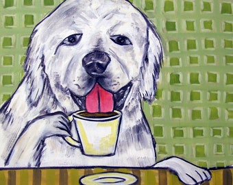 Great Pyrenees at the Coffee Shop Dog Art on a ready to hang canvas print - multple sizes