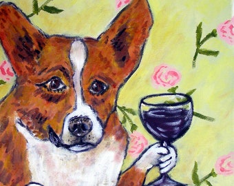 Corgi at the wine bar dog art print on a ready to hang canvas print - modern home decor