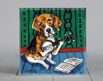 Beagle playing banjo - dog art - tile coaster - animal lover gift - music room