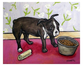 Boston Terrier Eating Dog Art Print 13x19 - matte or glossy