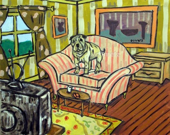 shar pei watching TV dog art print - streched canvas or paper print - multiple sizesa vailable