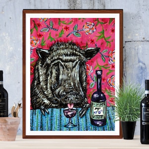 Pig art, wine canvas print, pig wall art, animal canvas print, ready to hang, canvas wall art, pig print, black pig, pot belly pig,wine gift