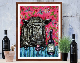 Pig art, wine canvas print, pig wall art, animal canvas print, ready to hang, canvas wall art, pig print, black pig, pot belly pig,wine gift