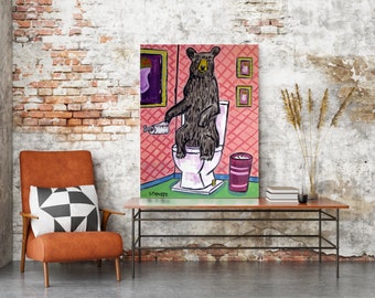 Black bear in the bathroom animal art print on matte or glossy paper - multiple size home wall decor