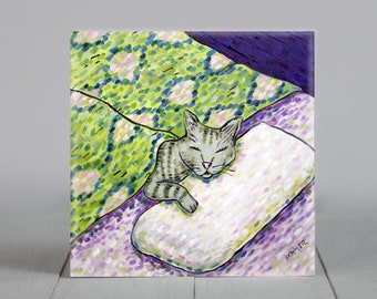 gray cat tile coaster gift decor animal - sleeping cat - multiple sizes available