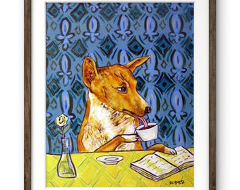 Basenji at the Coffee Shop Art Print | Funny Dog Wall Art | Matte, Glossy or Stretched Canvas Sizes 8x10 to 24x30