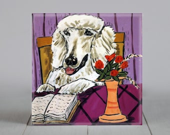 poodle reading - dog art - tile coaster - animal lover gift